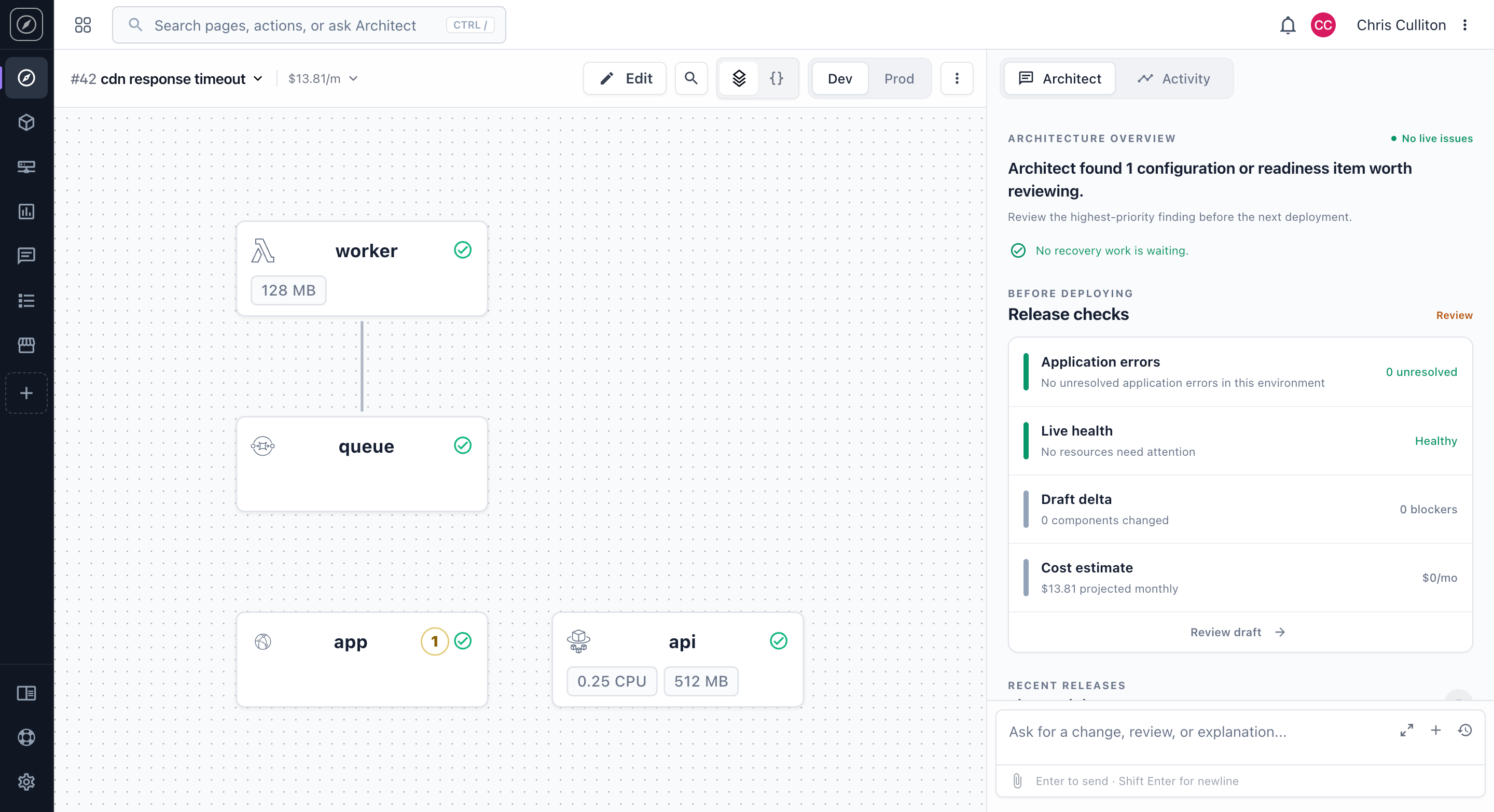 StationOps architecture view for a CDN response timeout, showing a worker, queue, app, and API, with release checks and a projected monthly cost